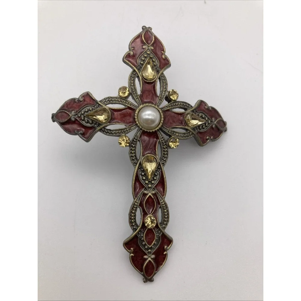 Enameled Cross Shaped Pillar Candle Pin Maroon Gold Faux Pearl 3.5